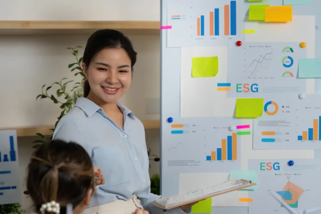 Discussion on ESG reporting supported by sustainability graphs and analysis.