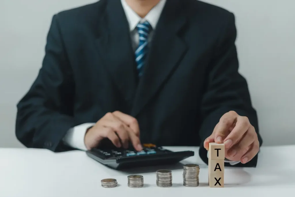 Professional tax service illustration showing business tax planning and financial calculations